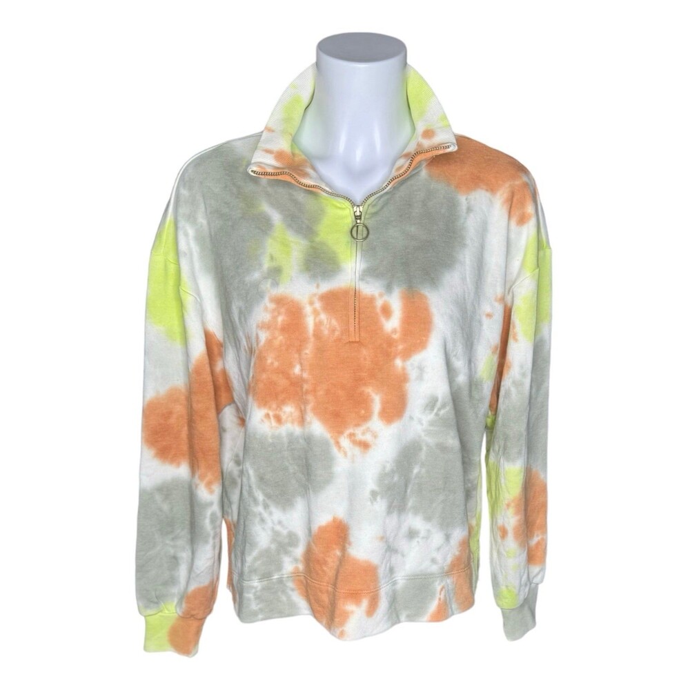 Lou & Grey Cropped Quarter Zip Sweatshirt Tie Dye Green Blue Orange Soft Small